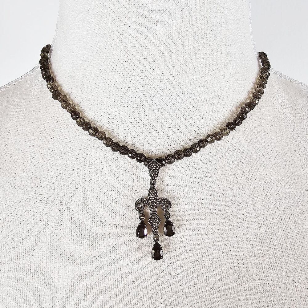 Vintage Judith Jack Fleur-de-lis Marcastie Sterling Silver Smoky Quartz Necklace